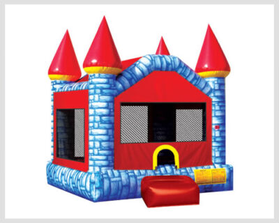 Camelot Bounce House – a red, white, and blue brick-themed inflatable perfect for kids’ parties.