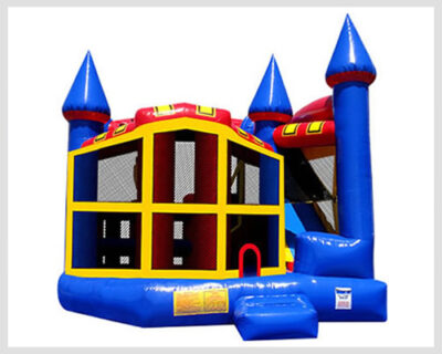 Bright and colorful C5 Combo Bounce House featuring red, blue, and yellow design with a jump area, climb, slide, obstacles, and basketball hoop.