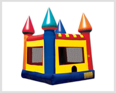 Bright red, blue, and yellow castle bounce house for kids