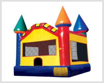 Large primary color bounce house with red, blue, and yellow design Castle Bouncer Rental Clayton