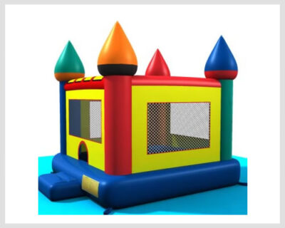 A 13x13 ft primary color medium bounce house with a castle design, perfect for smaller yards and kids' parties.