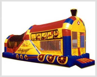 Colorful Choo Choo Train 3-in-1 inflatable with a jump area, climb, and slide.