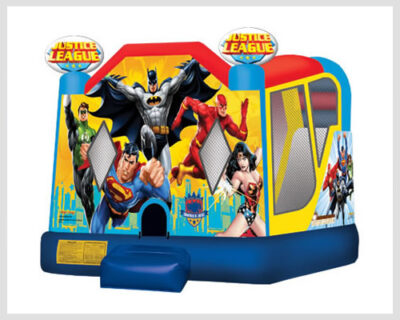 Superhero Justice League Combo Bounce House featuring a jump area, climb, slide, and basketball hoop, designed with bold superhero graphics for an action-packed party experience.