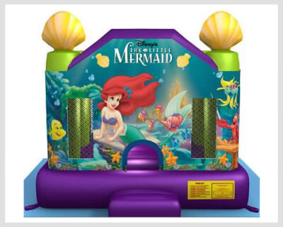 A vibrant Little Mermaid Bounce House featuring an undersea theme with bright ocean colors, coral reefs, and a playful mermaid design.