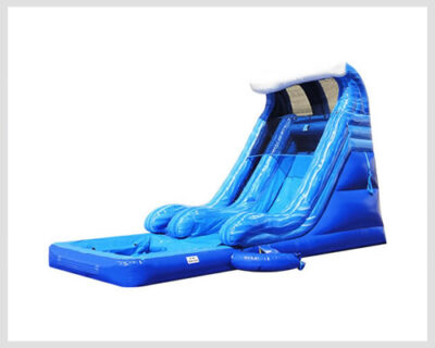 A towering 18ft Blue Marble Water Slide with a sleek blue and white marble design and a detachable pool for splash-filled fun.