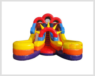 16ft tall Dual lane waterslide rental Splash Slide featuring dual lanes with bold red, purple, blue, and yellow colors, perfect for racing and splashing fun.