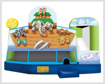 Noah’s Ark Combo – 5-in-1 inflatable with jump area, climb, slide, obstacles, and basketball hoop.