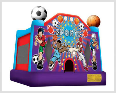 Sports Bounce House featuring a vibrant design with basketball, football, soccer, and baseball themes—perfect for sports lovers!