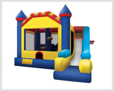 Ultimate Challenge 7-in-1 inflatable bounce house with jump area, slides, obstacles, and basketball hoops – the perfect party rental for active fun!