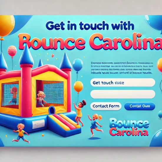 Bright and fun contact page banner for Bounce Carolina with bounce houses and playful kids